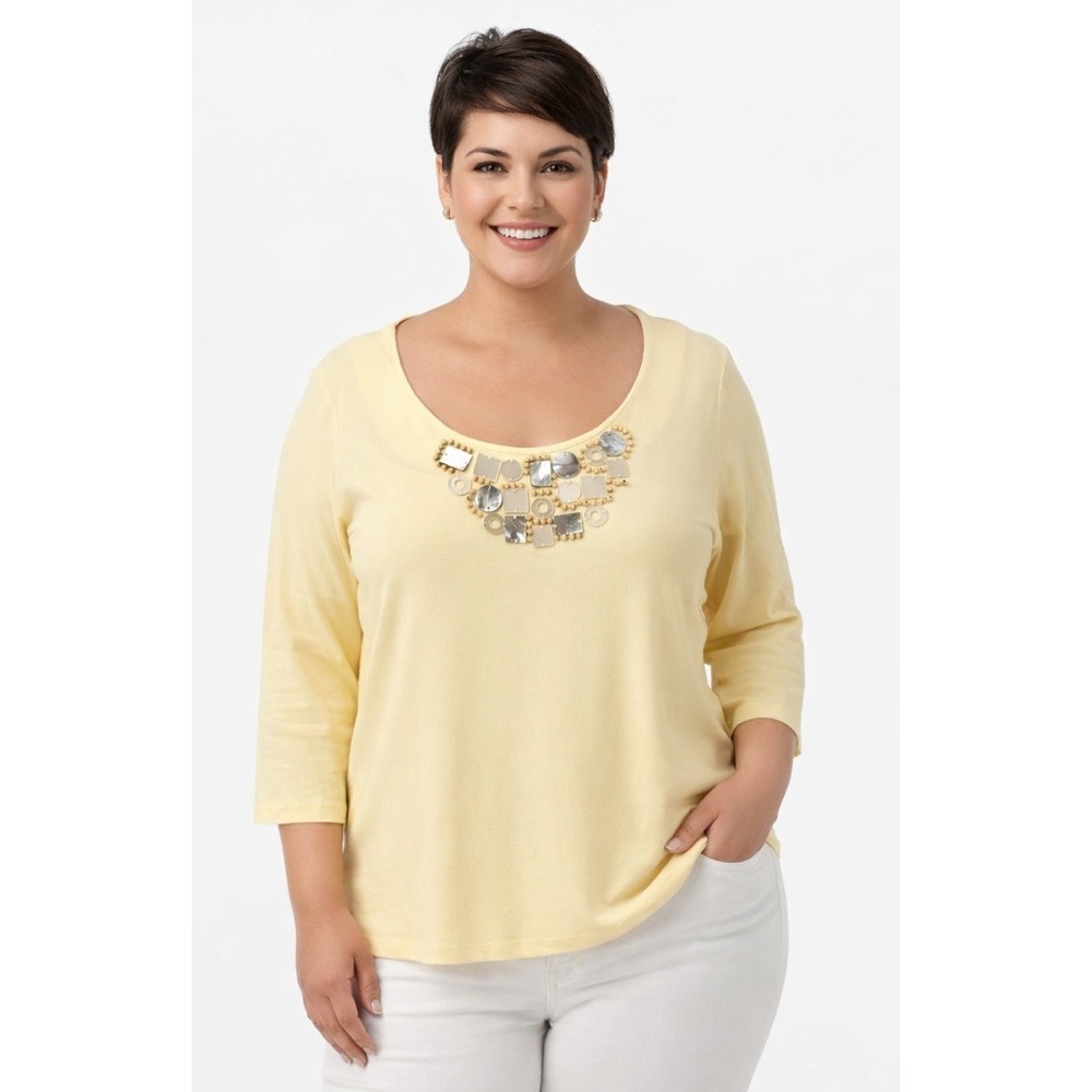 Ruby Rd Woman 1X Top 3/4 Sleeves Embellished Neck 3/4 Sleeve Yellow Cotton Blend